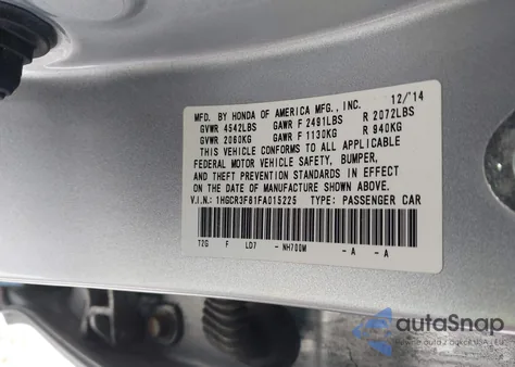 2015 Honda Accord Ex-L V-6 from USA, damaged, VIN 1HGCR3F81FA015225